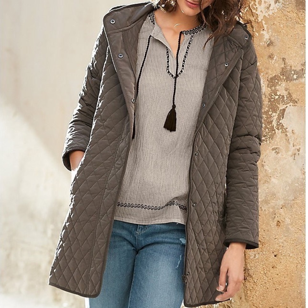 Garnet Hill Quilted Car Jacket Brown  Insulated Removable‎ Hood Size 16 Fits 12